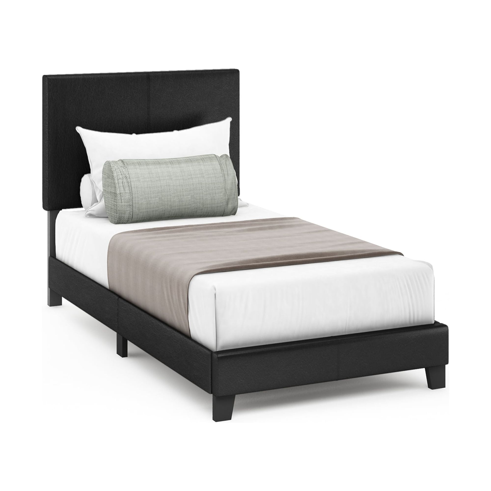 Furinno PESSAC Twin Upholstered Bed Frame with PU Leather Headboard and Wooden Slat Support, Plain Black