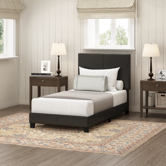 Furinno PESSAC Twin Upholstered Bed Frame with PU Leather Headboard and Wooden Slat Support, Plain Black
