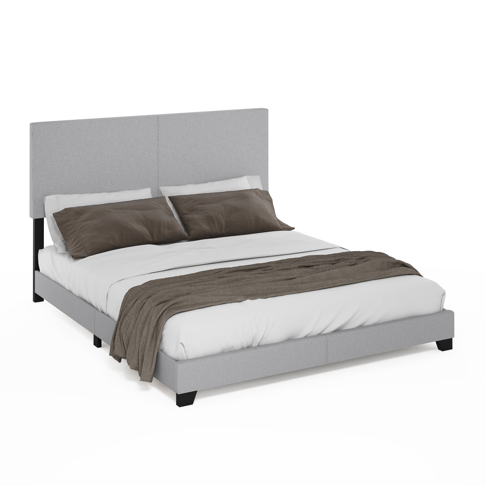 Furinno PESSAC California King Upholstered Bed Frame with Fabric Headboard and Wooden Slat Support, Light Grey