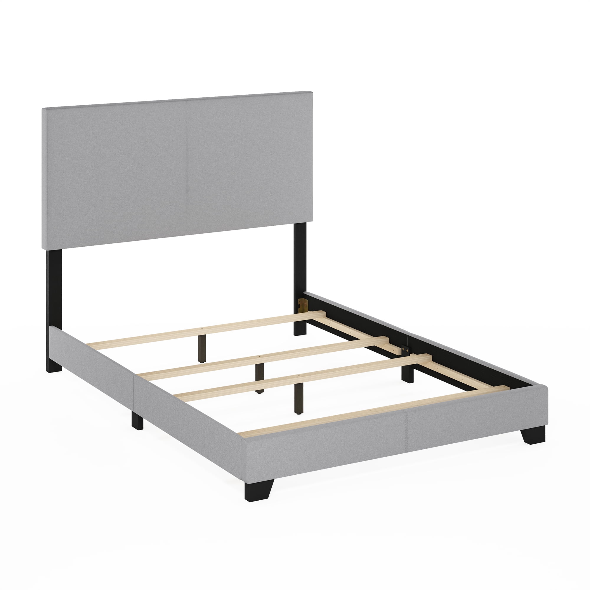Furinno PESSAC Full Upholstered Bed Frame with Fabric Headboard and Wooden Slat Support, Light Grey
