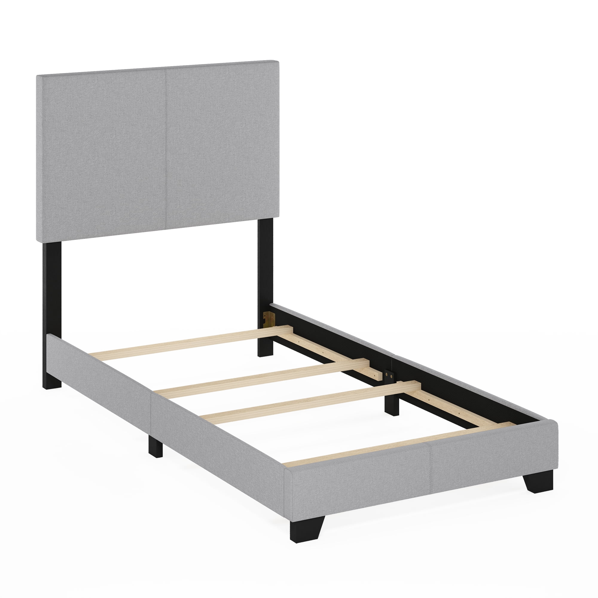 Furinno PESSAC Twin Upholstered Bed Frame with Fabric Headboard and Wooden Slat Support, Light Grey