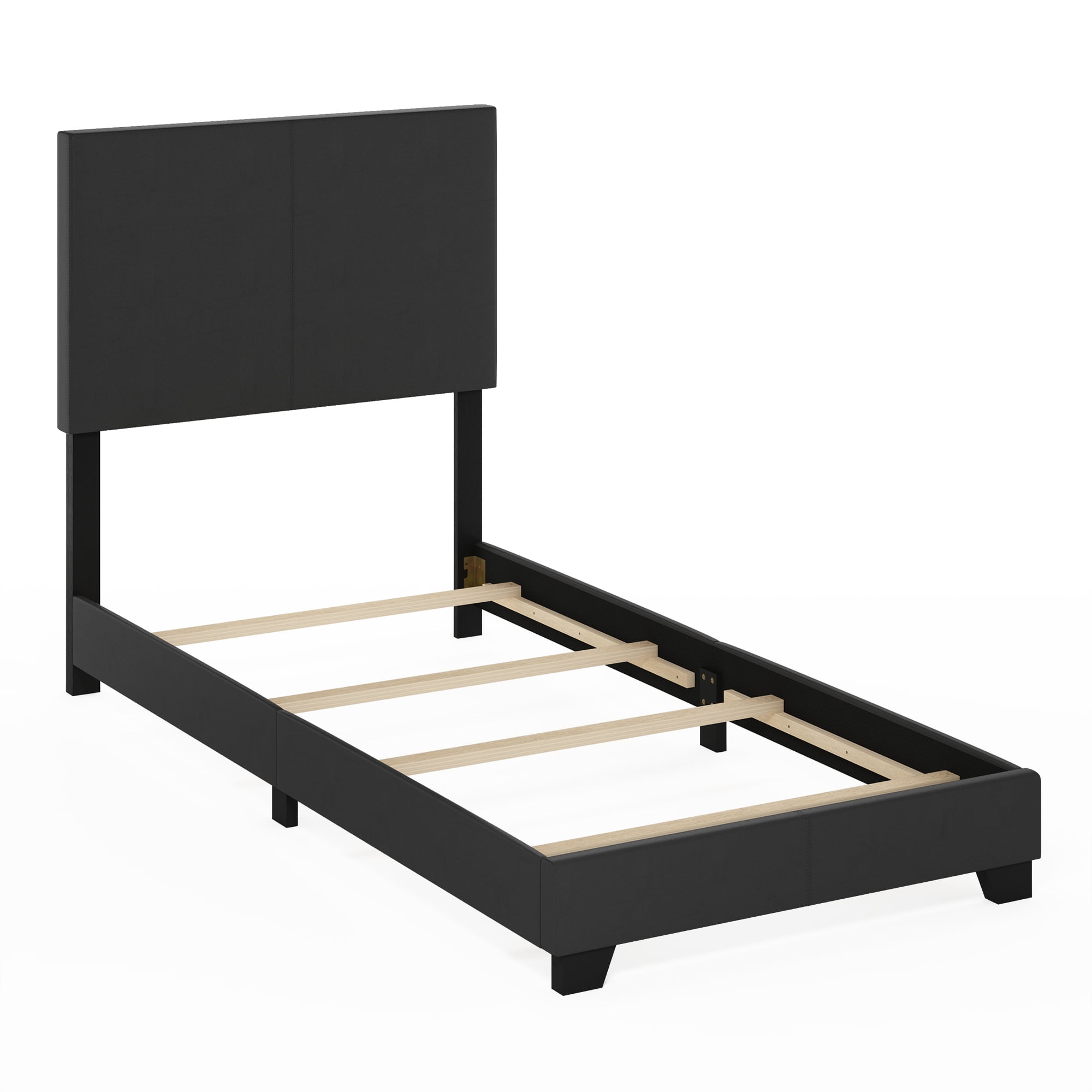 Furinno PESSAC Twin XL Upholstered Bed Frame with PU Leather Headboard and Wooden Slat Support, Black