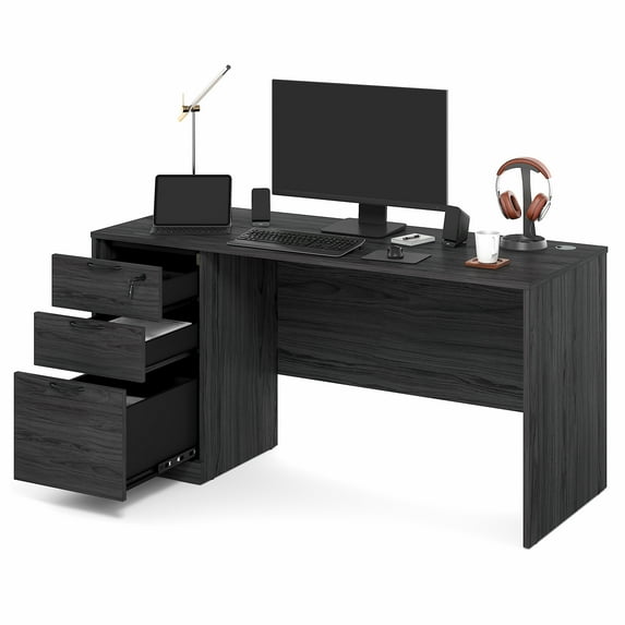 Furinno ROGER 60" Desk w/ File Cabinet 3-Drawer Cord Grommet Coastal Grey