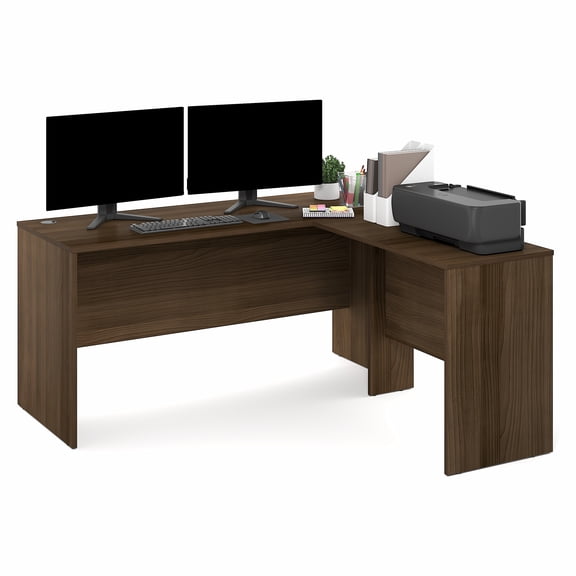 Furinno ROGER 60" L-Shaped Desk Reversible Return Cord Grommet Modern Walnut