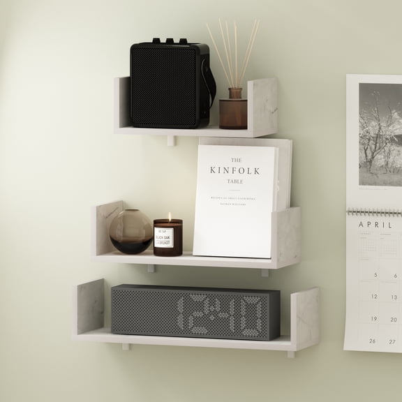 Furinno ROSSI Floating Shelves for Wall Set of 3 , Wall Shelf, Wall Mounted Shelves for Bathroom, Home Office, Living Room, Light Marble