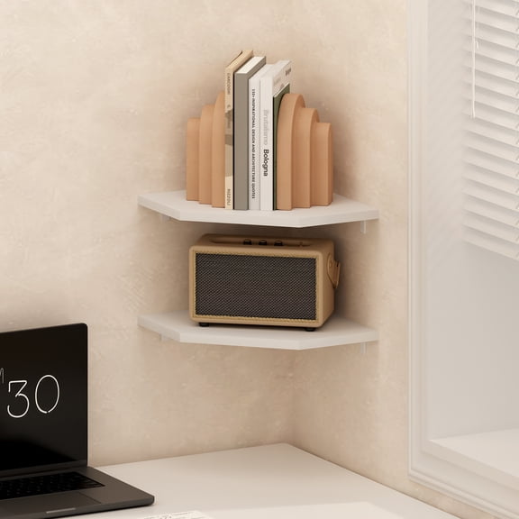 Furinno ROSSI Hexagon Floating Shelves for Wall, Set of 2 Geometric Corner Shelf, Wall Mounted Shelves for Bathroom, Home Office, Living Room, Plain White
