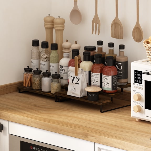 Furinno Ravel 3-Tier Multipurpose Expandable, Nestable Kitchen Counter Spice Rack Organizer, Set of 2, Amber Pine/Black