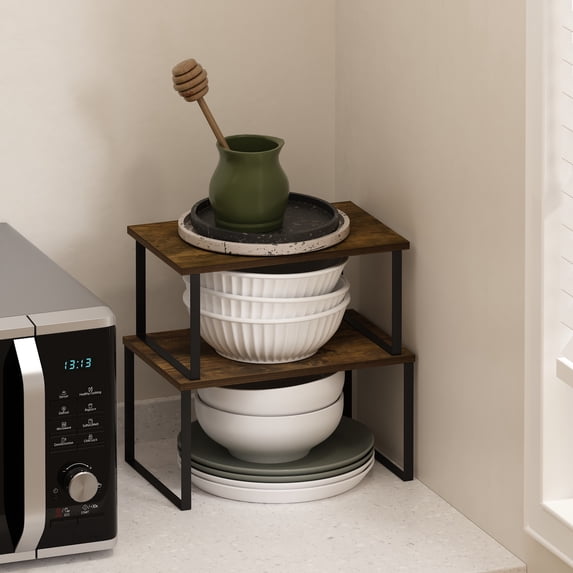 Furinno Ravel Stackable Kitchen Counter Shelves in Set of 2 Amber Pine