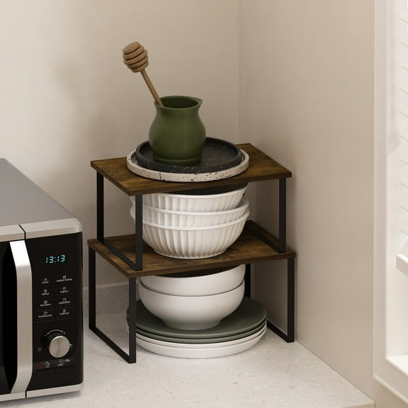 Furinno Ravel Multipurpose Expandable, Stackable Kitchen Counter Shelves, Set of 2, Amber Pine/Black