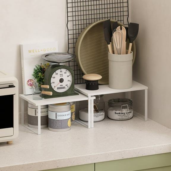 Furinno Ravel Multipurpose Expandable, Stackable Kitchen Counter Shelves, Set of 2, White/White