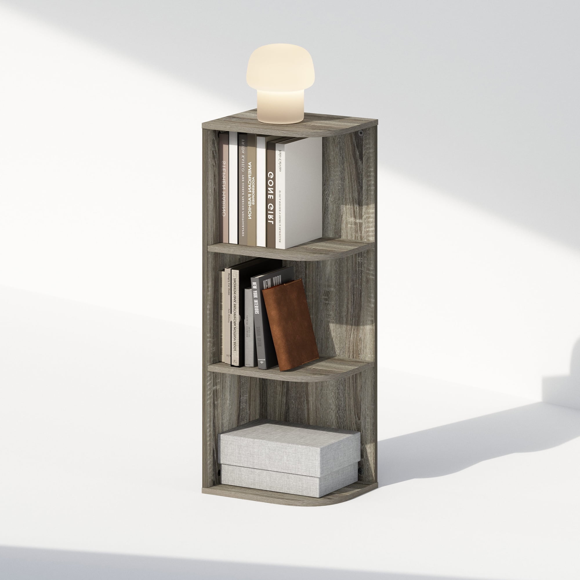 Furinno Reed 3-Tier Space Saving Corner Storage Display Shelf, Bookshelf, French Oak