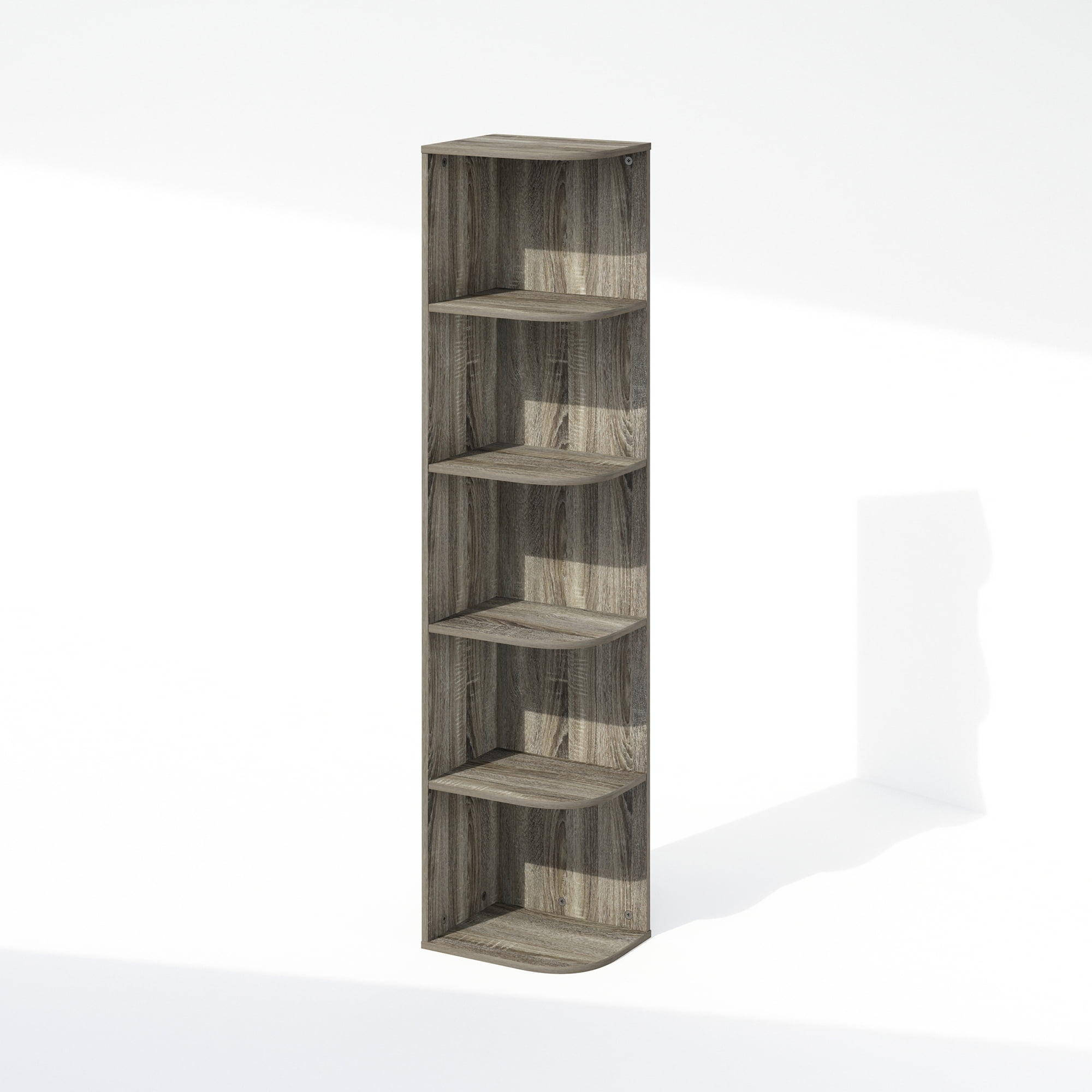 Furinno Reed 5-Tier Space Saving Corner Storage Display Shelf, Bookshelf, French Oak
