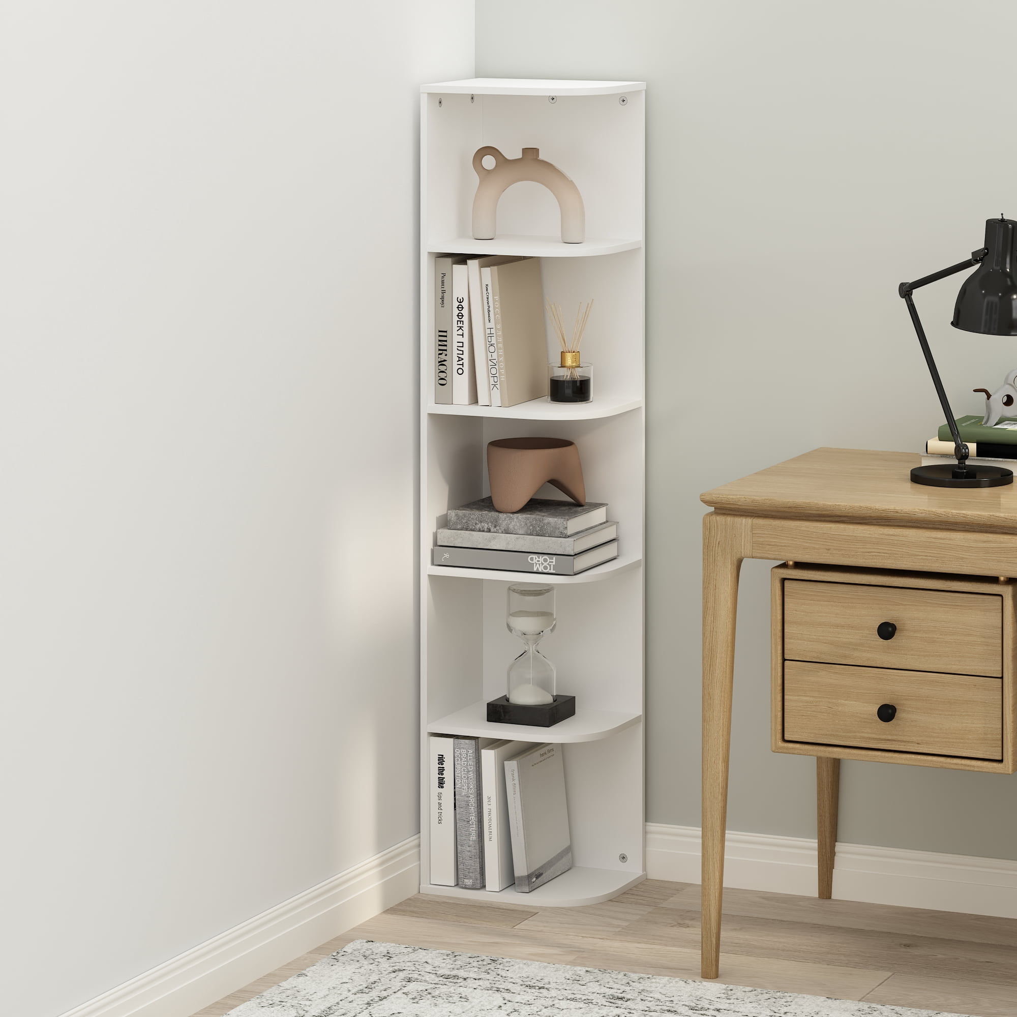 Furinno Reed 5-Tier Space Saving Corner Storage Display Shelf, Bookshelf, White