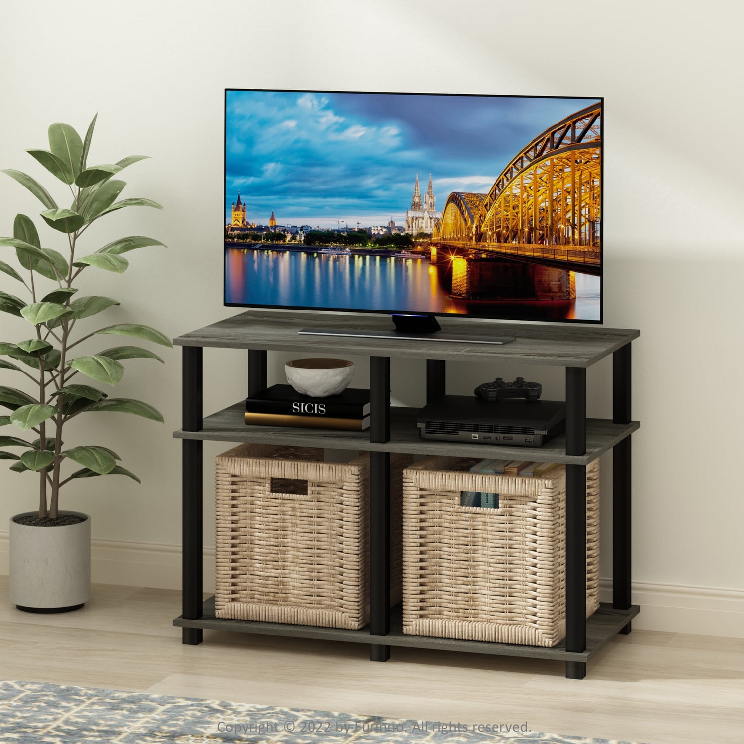 Furinno Romain TV Stand, French Oak/Black, Supports 40 Inch TV