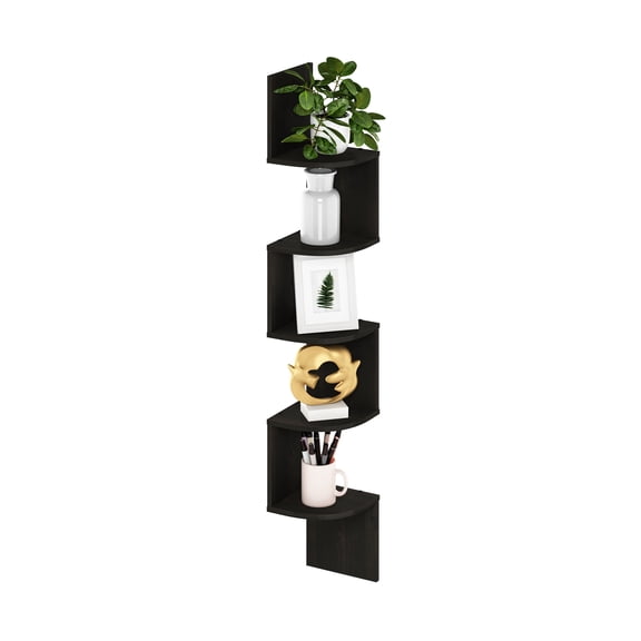 Furinno Rossi 5-Tier Black Floating Corner Shelf for Wall, Corner Zigzag Shelf Wall Mounted, Radial Wall Mount Shelves, for Home Office, Living Room, Bedroom, Bathroom, Black Espresso