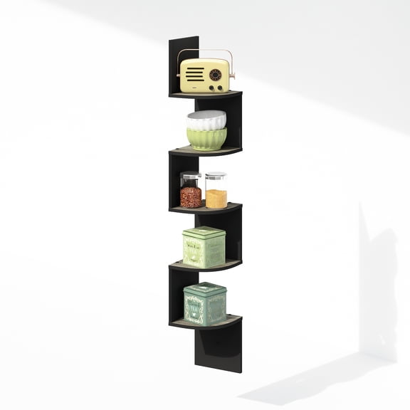 Furinno Rossi 5-Tier Grey Floating Corner Shelf for Wall, Corner Zigzag Shelf Wall Mounted, Radial Wall Mount Shelves, for Home Office, Living Room, Bedroom, Bathroom, Grey Oak