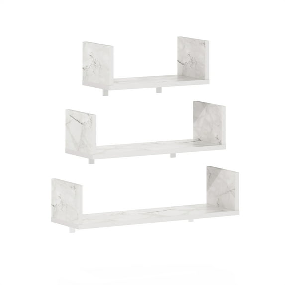 Furinno Rossi Bedroom Decor Wall Mounted Floating Display Shelves with Invisible Brackets, Marble White, Set of 3