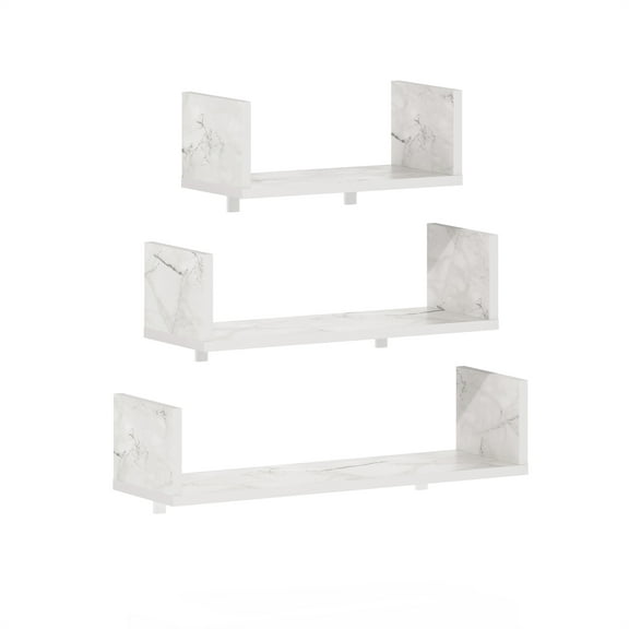 Furinno Rossi Bedroom Decor Wall Mounted Floating Display Shelves with Invisible Brackets, Marble White, Set of 3