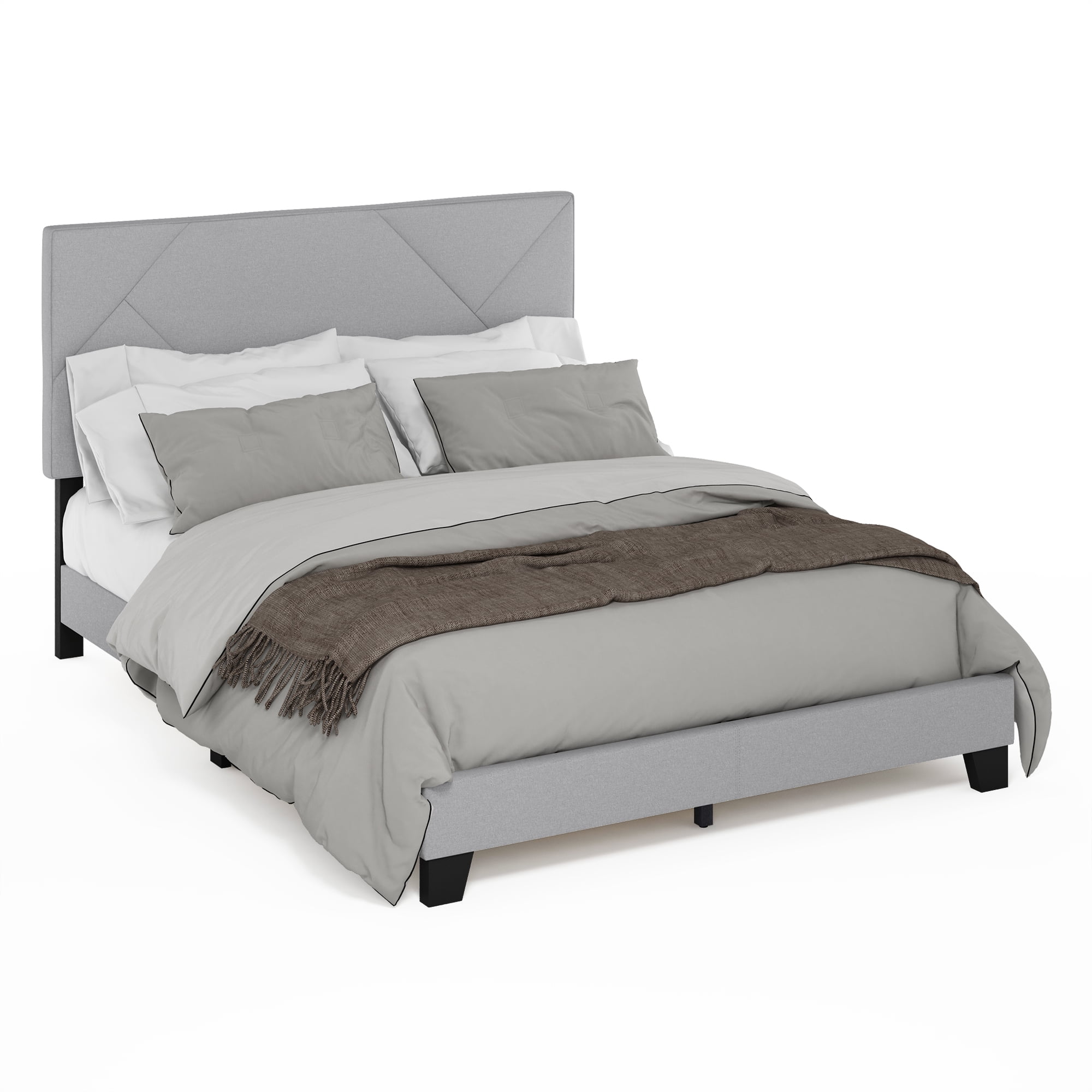 Furinno SKYLAR Bed Frame, Queen Size Bedframe with Geometric Design Upholstered Headboard, Bed with Adjustable Headboard, No Box Spring Needed, for Bedroom, Dorm, Light Grey