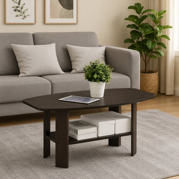 Furinno Simple 2-Tier Coffee Table, Black Center Table wih Open Shelf, Side Table Tabletop with Soft Edges, for Living Room, Home Office, Dark Mocha
