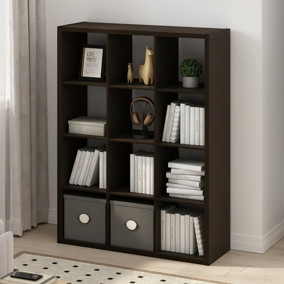 Furinno Simple Open Back Cube Storage Organizer, Standing Shelf, 12-Cube, Dark Oak