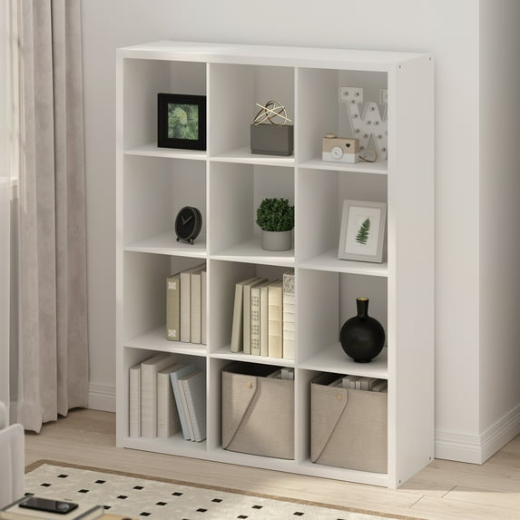 Furinno Simple Open Back Cube Storage Organizer, Standing Shelf, 12-Cube, White