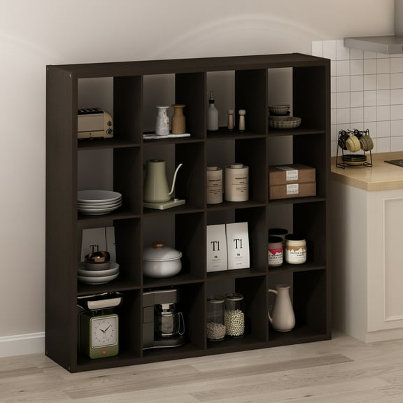 Furinno Simple Open Back Cube Storage Organizer, Standing Shelf, 16-Cube, Dark Oak