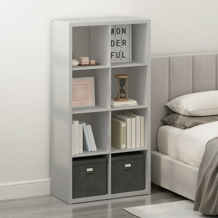 Furinno Simple Open Back Cube Storage Organizer, Standing Shelf, 8-Cube, Light Grey