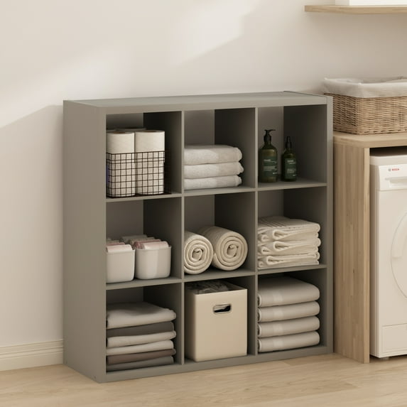 Furinno Simple Open Back Cube Storage Organizer, Standing Shelf, 9-Cube, Light Grey