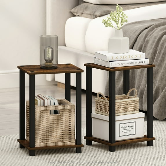 Furinno Simplistic Compact Bedside Table, Nightstand, Amber Pine/Black, Set of 2
