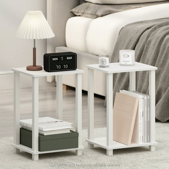 Furinno Simplistic Compact Bedside Table, Nightstand, White/White, Set of 2