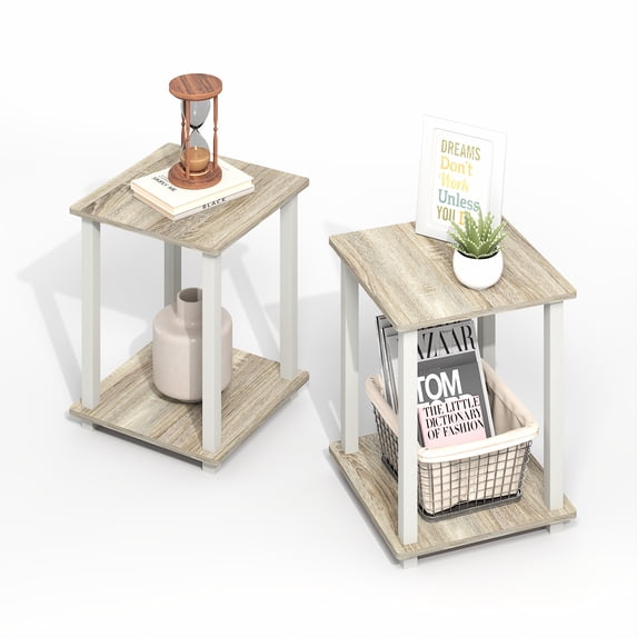 Furinno Simplistic End Table, Set of Two, Light Oak/White
