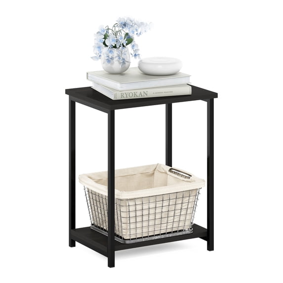Furinno Simplistic Side Table, 2-Tier Black End Table with Metal Frame, Open Shelf Night Stand, Bedside Table, Easy Assembly, for Living Room, Bedroom, Black Espresso
