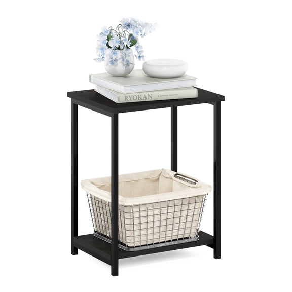 Furinno Simplistic Side Table, 2-Tier Black End Table with Metal Frame, Open Shelf Night Stand, Bedside Table, Easy Assembly, for Living Room, Bedroom, Black Espresso