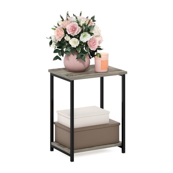 Furinno Simplistic Side Table, 2-Tier Grey End Table with Metal Frame, Open Shelf Night Stand, Bedside Table, Easy Assembly, for Living Room, Bedroom, Grey Oak