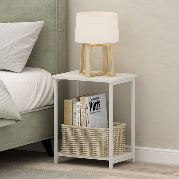 Furinno Simplistic Side Table, 2-Tier White End Table with Metal Frame, Open Shelf Night Stand, Bedside Table, Easy Assembly, for Living Room, Bedroom, Plain White