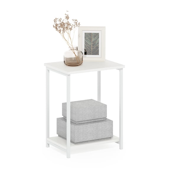 Furinno Simplistic Side Table, 2-Tier White End Table with Metal Frame, Open Shelf Night Stand, Bedside Table, Easy Assembly, for Living Room, Bedroom, Plain White
