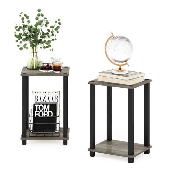 Furinno Simplistic Toolless Assembly Set of 2 Side Table, Grey 2-Tier End Table, Open Shelf Night Stand, Bedside Table for Living Room, Bedroom, Home Office, Grey Oak/Black