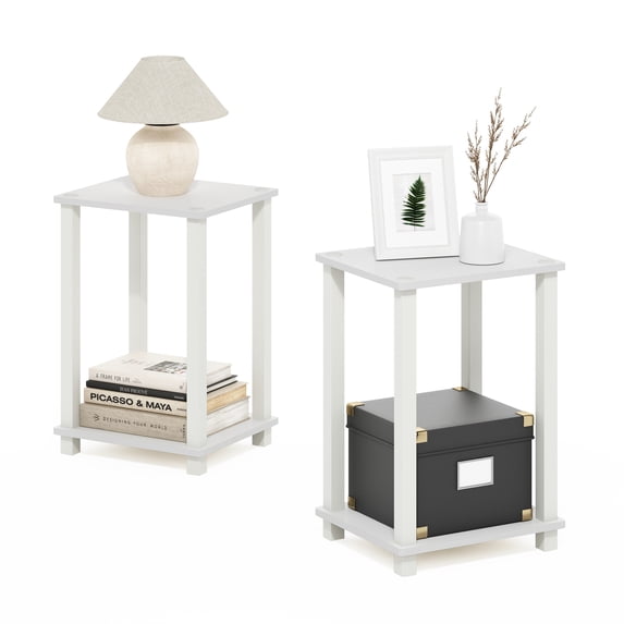 Furinno Simplistic Toolless Assembly Set of 2 Side Table, White 2-Tier End Table, Open Shelf Night Stand, Bedside Table for Living Room, Bedroom, Home Office, Plain White/White
