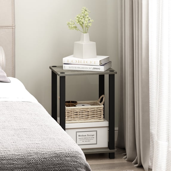 Furinno Simplistic Toolless Assembly Side Table, Grey 2-Tier End Table, Open Shelf Night Stand, Bedside Table for Living Room, Bedroom, Home Office, Grey Oak/Black