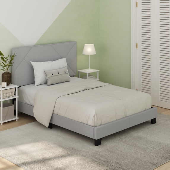 Furinno Skylar Geometric Design Headboard Bedframe, 12PC Slat Style, Glacier, Full