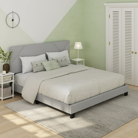 Furinno Skylar Geometric Design Headboard Bedframe, 12PC Slat Style, Glacier, King