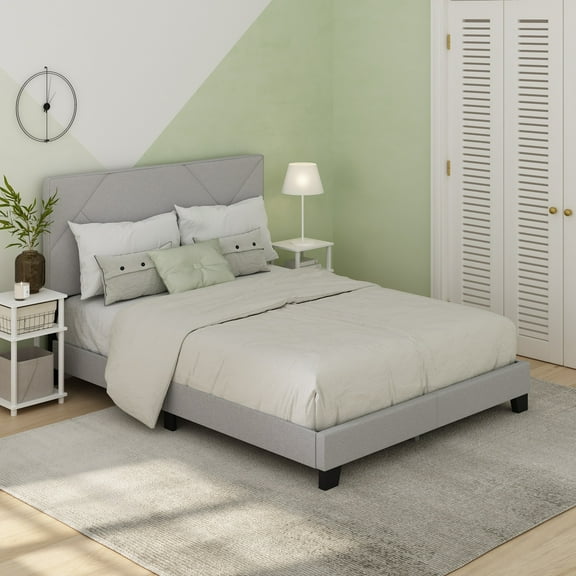 Furinno Skylar Geometric Design Headboard Bedframe, 12PC Slat Style, Glacier, Queen