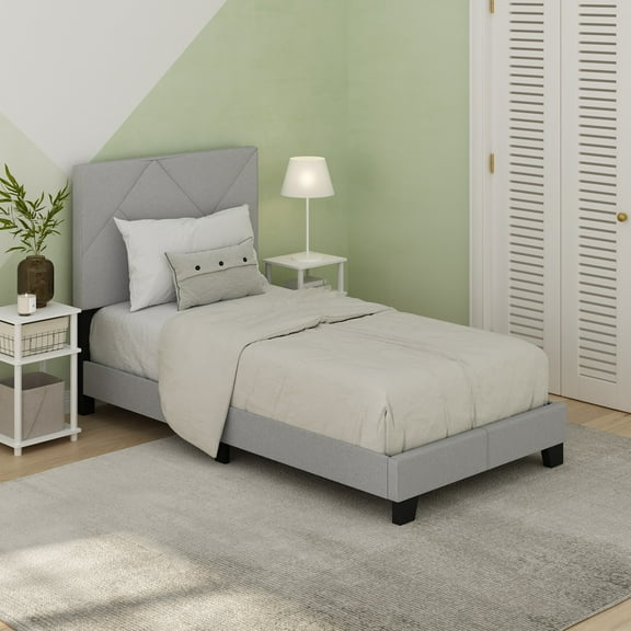 Furinno Skylar Geometric Design Headboard Bedframe, 12PC Slat Style, Glacier, Twin