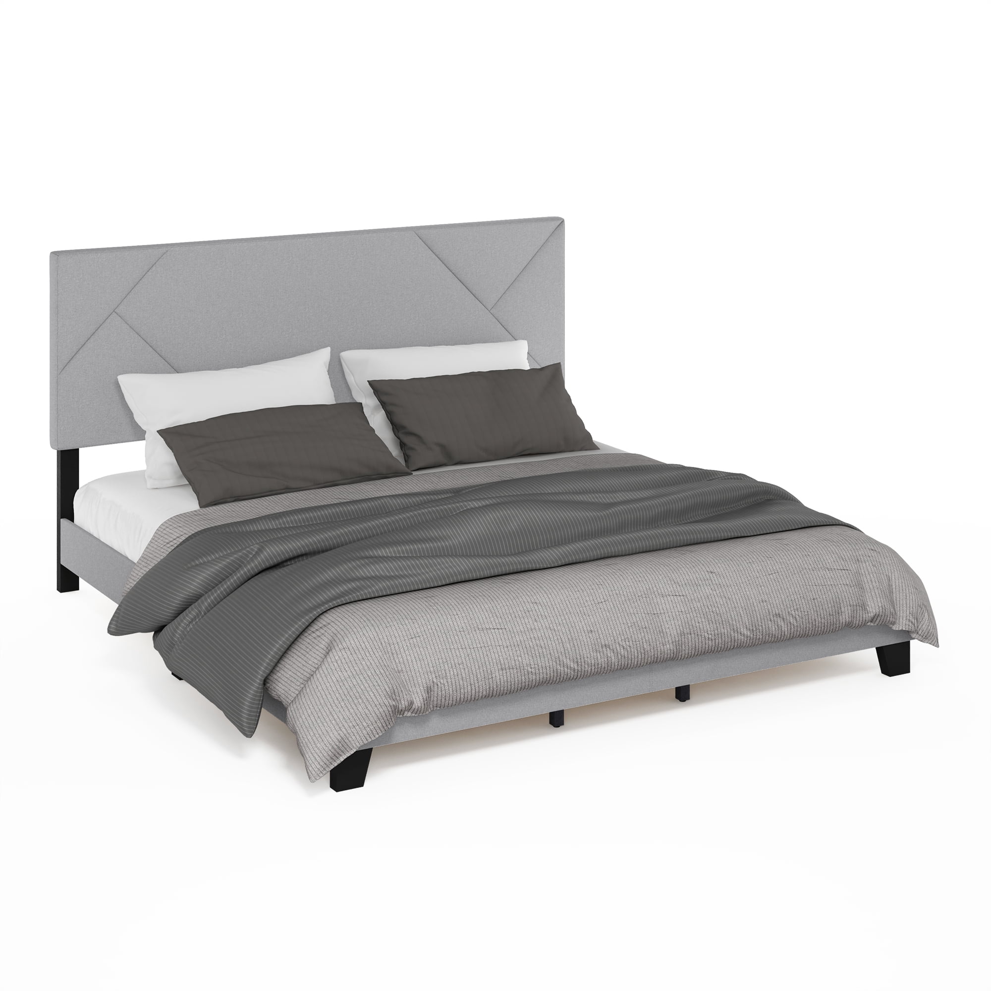 Furinno SKYLAR King Upholstered Bed Frame with Adjustable Geometric Headboard and 12-Piece Wooden Slat Support, No Box Spring Required, Light Grey
