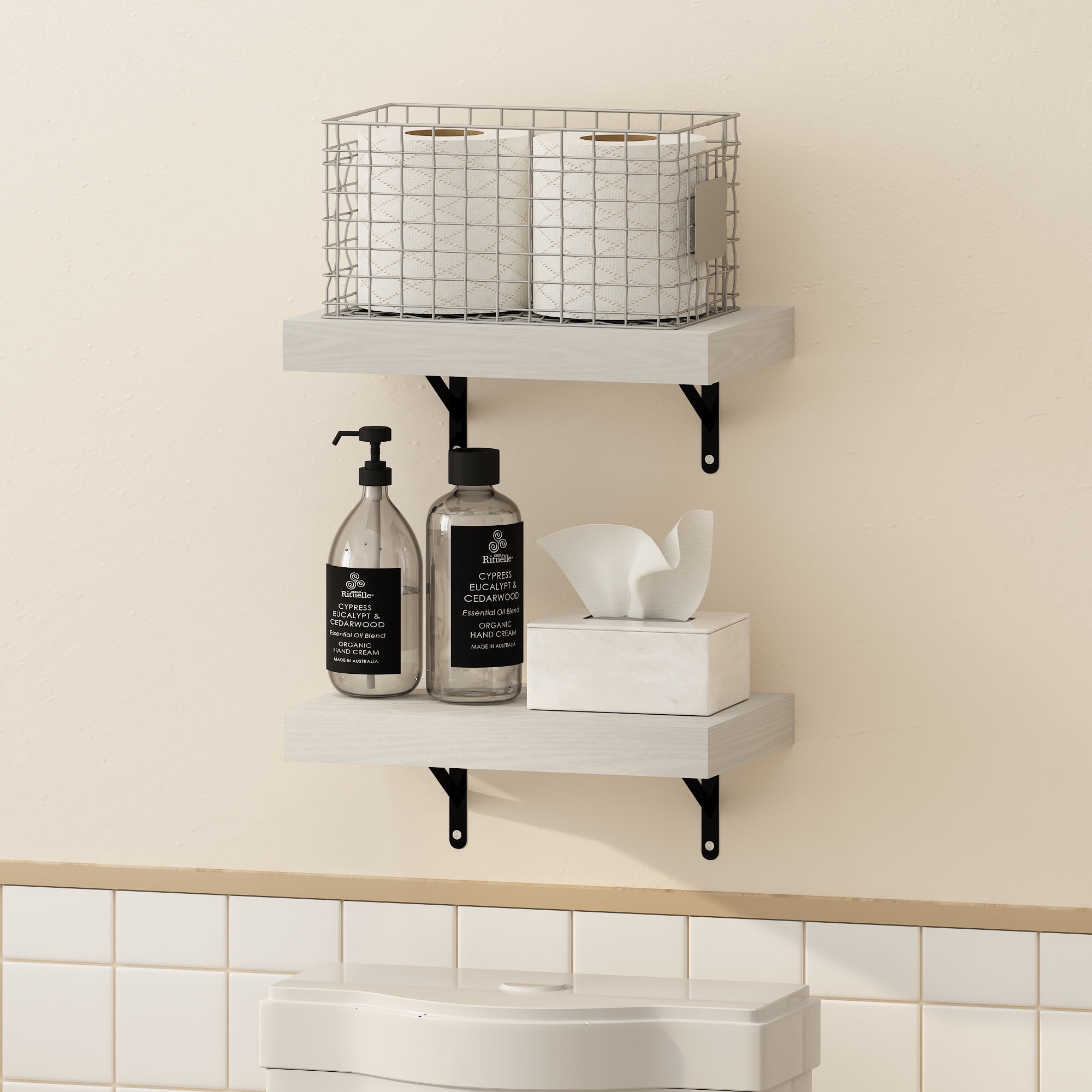Furinno TANNA Floating Shelves for Wall Set of 2, 15-Inch Bathroom Wall Shelf, Wall Mounted Shelf, for Bathroom Organizers and Storage, Living Room, White Texture