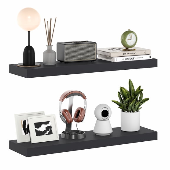 Furinno TANNA Floating Shelves for Wall Set of 2, 9 x 35 Wall Shelf, Wall Mounted Floating Shelf with Invisible Bracket, 2-in Thick Shelf, for Bathroom, Living Room, Bedroom, Home Office, Americano