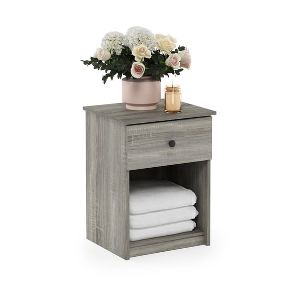 Furinno TIDUR Night Stand, Nightstand with Drawer, Bedside Table, End Table, Side Table with Storage Shelf, Knob Handle Drawer, for Bedroom, Living Room, Grey Oak