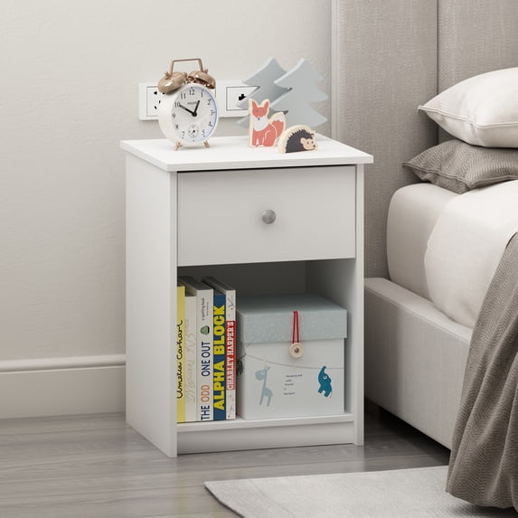 Furinno TIDUR Night Stand, Nightstand with Drawer, Bedside Table, End Table, Side Table with Storage Shelf, Knob Handle Drawer, for Bedroom, Living Room, Plain White