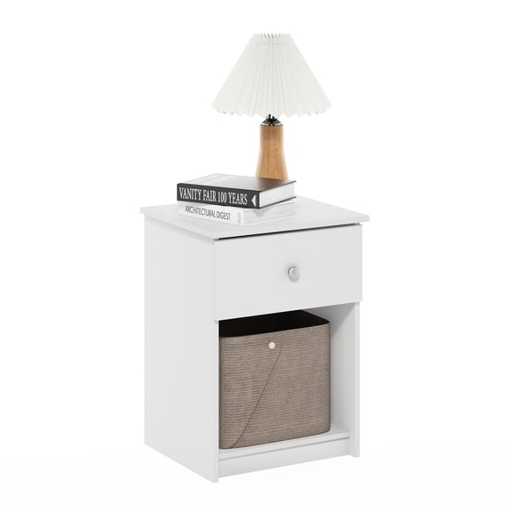 Furinno TIDUR Night Stand, Nightstand with Drawer, Bedside Table, End Table, Side Table with Storage Shelf, Knob Handle Drawer, for Bedroom, Living Room, Plain White